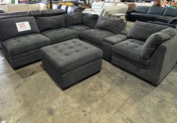 $850 sale Thomasville Tisdale Modular Sofa 6-piece Dark Green Gray with Storage Ottoman