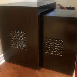 Pottery Barn Stacking Wood End Tables 24”& 21” Tall Both Sides Have Cut Out Patterns 