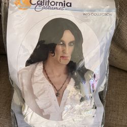 Men's Old World Vampire Wig & White Ruffle Vintage Shirt M