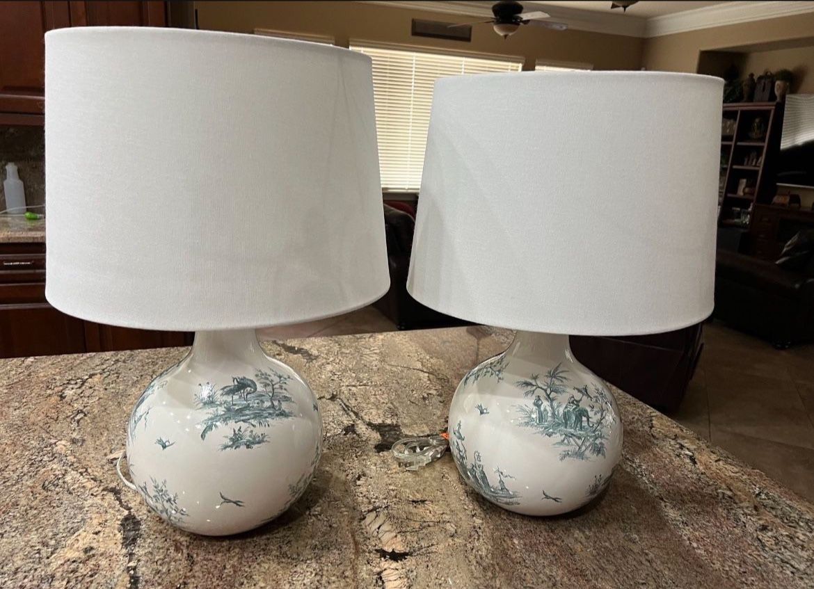 Two Asian Oriental Style Lamps White With Light  Blue Approximately 20.75 Inches Tall And The Diameter Of The Shade Is 12 Inches. $35 For The Pair 
