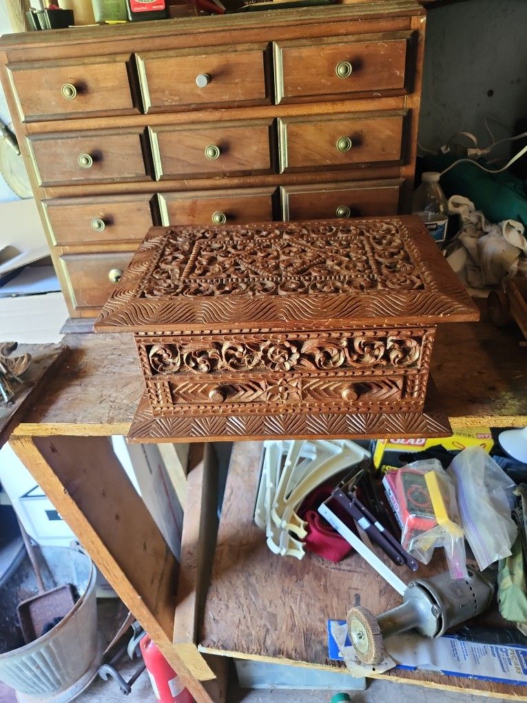 Vintage Wooden Hand Carved Jewelry Box