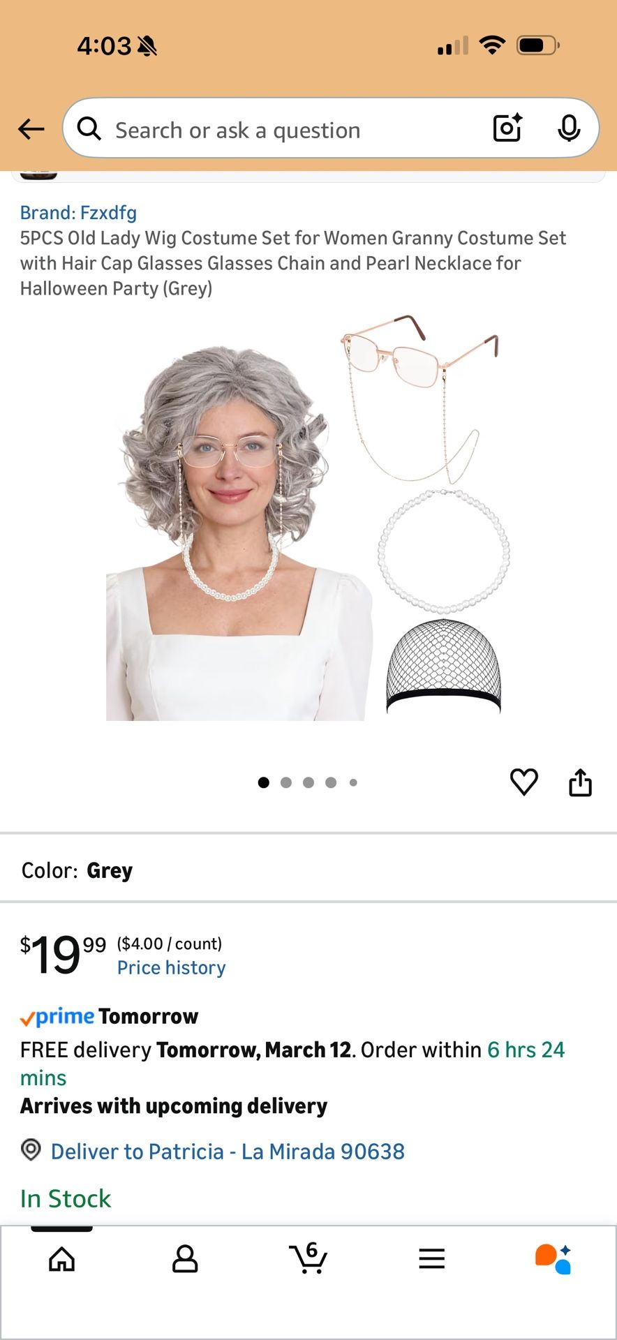 5PCS Old Lady Wig Costume Set for Women Granny Costume Set with Hair Cap Glasses Glasses Chain and Pearl Necklace for Halloween Party (Grey)