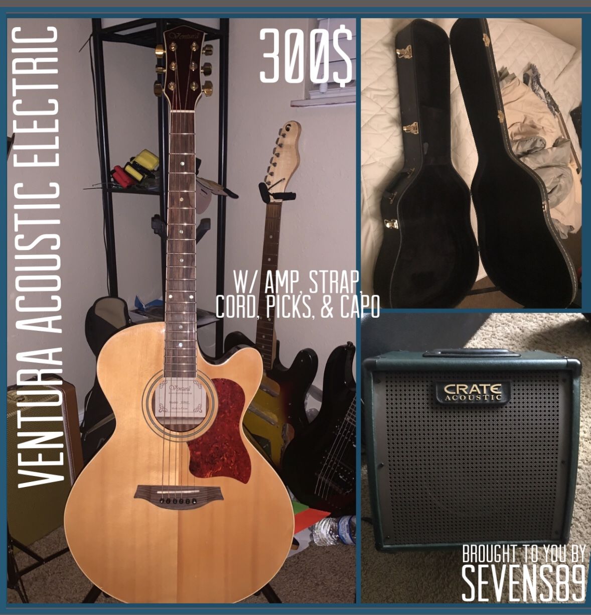 Ventura Acoustic Electric Guitar Bundle- Guitar+amp+hard case+cord+strap+picks
