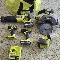 RYOBI 18V BRUSHLESS HP KIT COMES WITH CIRCULAR SAW SAWZAW DEILL AND IMPACT AND ROUND SANDER WITH 4AH AND 2.0 BATTERY AND FAST CHARGER 230$