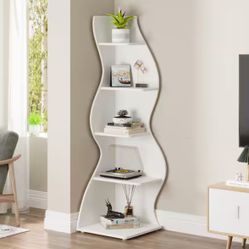 Eulas 69.8 in. Tall White Engineered Wood 5-Shelf Standard Bookcase Corner Shelf with Storage
