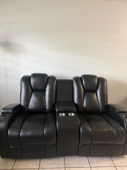 Black Leather Reclining Sofa with Console