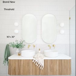 Brand New Threshold  16" X 30 " Pill Shape Frameless Beveled Edges Mirror