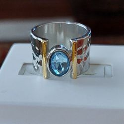 Modern 2-Tone Blue CZ Hammered Wide Band Fashion Ring (NEW)