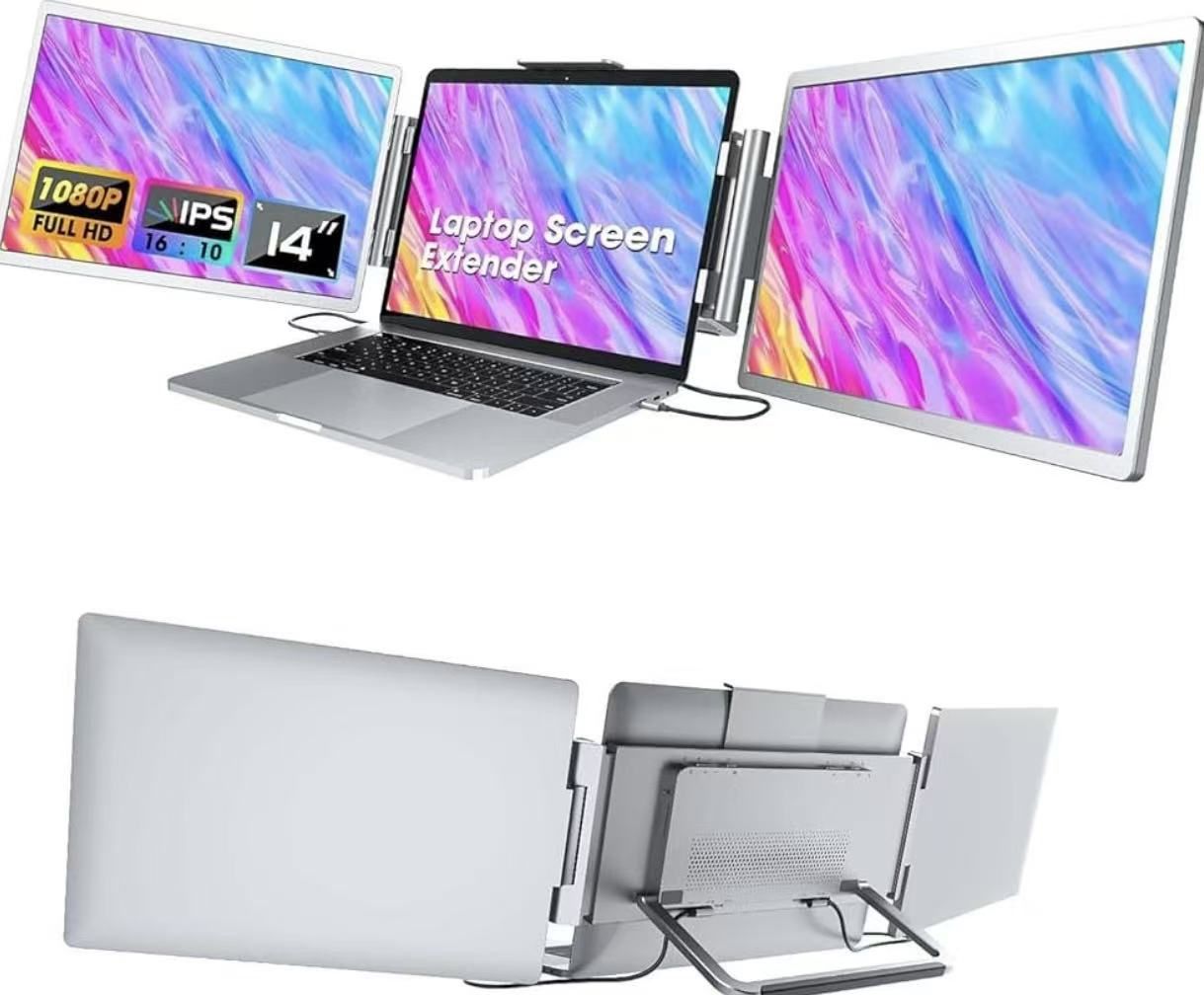 Screen Extender Monitor Portable: 14" Triple Screen Laptop Monitor Extender with Stand Compatible, 1080P FHD lPS