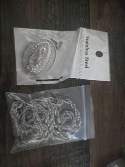 New Stainless Steel Virgin Mary Pendant with Rope Chain Included