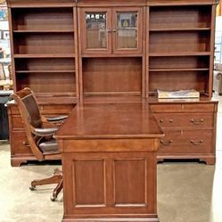 Modular Wood Office Bookshelves with Partner Desk and Leather Chair