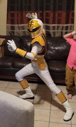 White ranger costume, boots, and sword