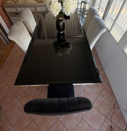 Modern Black Glass Dining Table Set – 6 Velvet Chairs