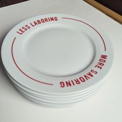 Set of 4 West Elm Market Plate 9" MORE SAVORING LESS LABORING (RARE)White And Red