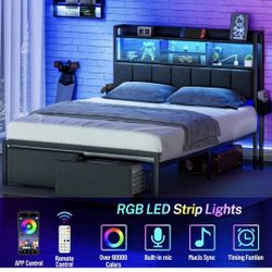 )
Furnulem Queen Bed Frame with Storage Drawers, Upholstered Headboard, Storage Shelf Charging Station,LED Lights 