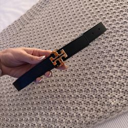 Tory Burch Reversible Leather Belt with Gold Double-T Logo Buckle 1” AUTHENTIC