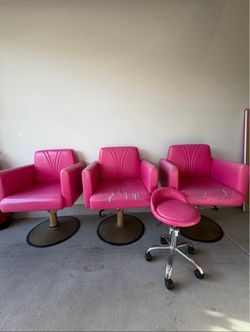 Pink Salon Styling Chairs Set of 3 Plus Stool