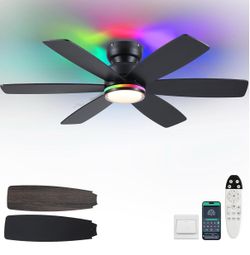 Kviflon 46 In Ceiling Fan with RGB Light Remote/APP,3CCT+RGB 6 Blades Black  Double Lampshade,Flush Mount,Reversible Double Sided Wood Blades,6 Speeds