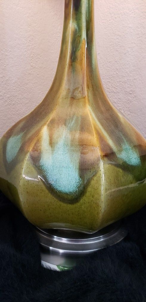 Vintage Turquoise, Green and Brown Drip Glaze Mid Century Modern Table Lamp