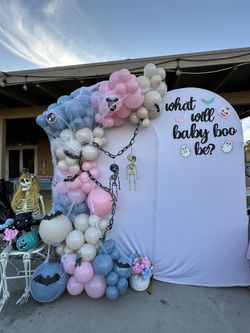 Halloween Gender Reveal Balloon Garland And Backdrop.