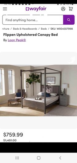 Beautiful Gray wood and fabric canopy queen bed