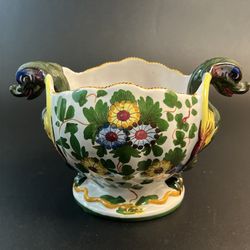 Vtg Double Dragon Faenza Italy Hand Painted Bowl Planter Art Pottery Floral 6"