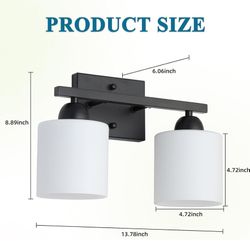 Milk Glass Vanity Lights for Bathroom, 2 Light Matte Black Bathroom Light Fixtures Over Mirror, Ceramic E26 Sockets Wall Mounted