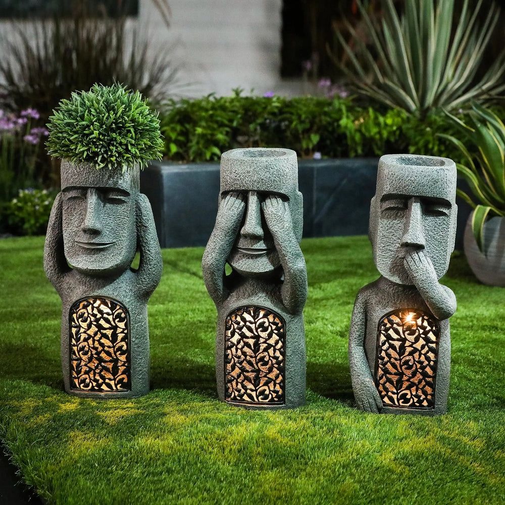 set of 3 Easter Island Solar Garden Statues See, Hear, Speak No Evil  st1019