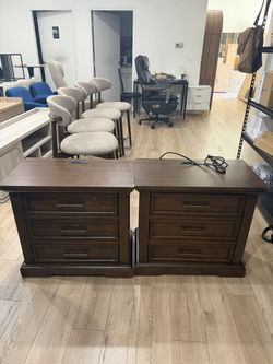 Set of 2, 3-Drawer Nightstand with USB Charging Station, Oversized Wood Bedside Table, Tall Storage End Table for Bedroom, Dark Walnut,