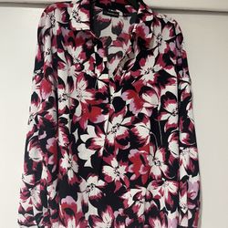 Rafaella Extra Large Vibrant Pink Black Floral Button Longsleeve Blouse