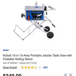 Kobalt 10-in 15-Amp Portable Jobsite Table Saw with Foldable Rolling Stand