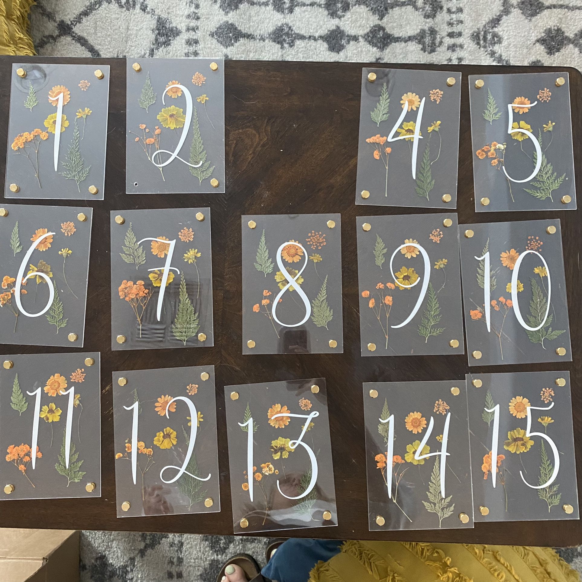 Pressed Floral Table Numbers With Stands Set Of 15
