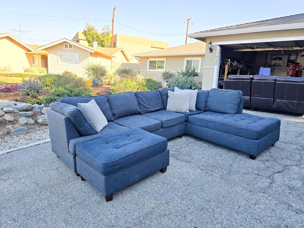 Delivery Available! Dark Gray/Blue Sectional Couch Sofa Chaise Foot Rest Ottoman