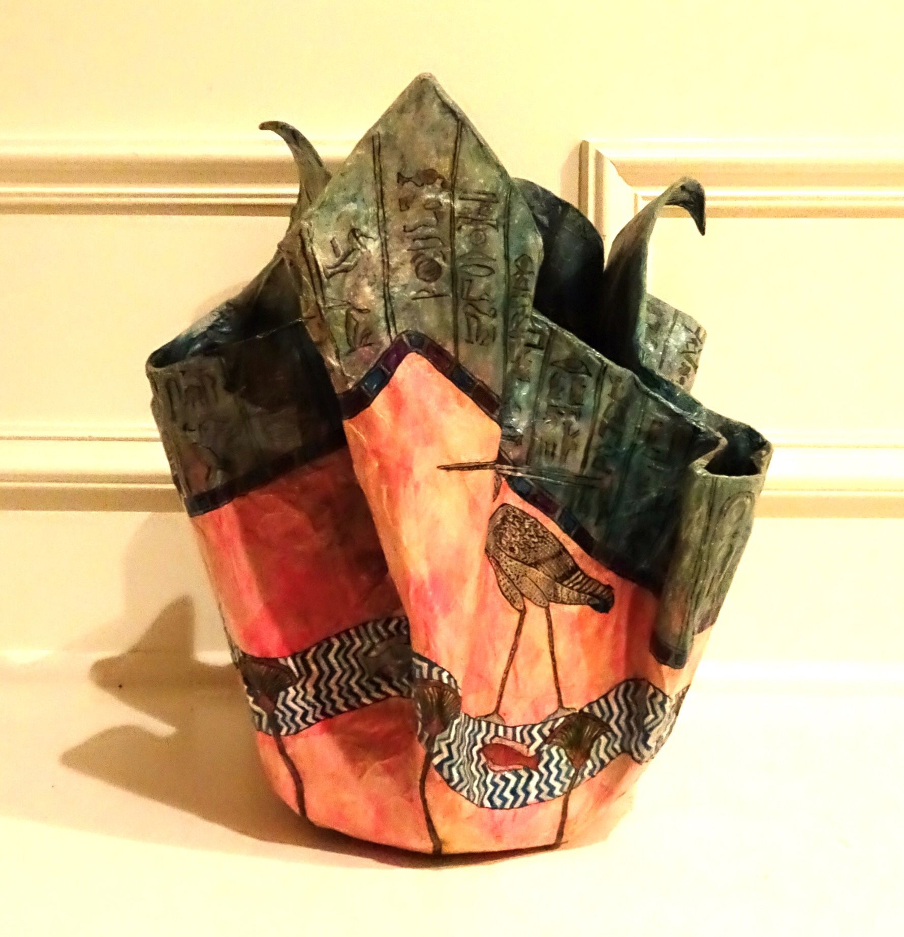 Egyptian Paper Mache Handkerchief Vase Bohemian Art Studio Flower Pot