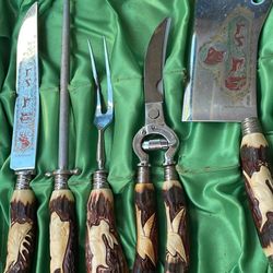 1950 Carved Knife Set Carved Deer Horns With Designs Carved In Handles 1950s 