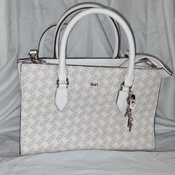 White DKNY Logo Print Satchel with Keychain Charm