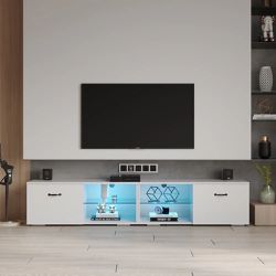 New TV Cabinet with LED Light, White – Holds up to 80 inch TV