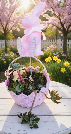 9 In Wide EASTER Basket Of SUCCULENTS AND Bunny