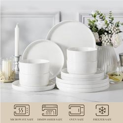 MALACASA 12 Pieces Porcelain Dinnerware Set, Modern White Dish Set for 4, Premium Serving Plates and Bowls Sets, Chip and Scratch Resistant Dishware S