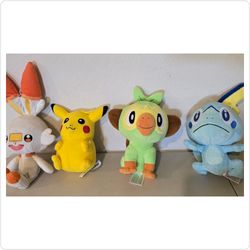 ​4-Piece Pokémon Plush Lot – Pikachu & Galar Starters (Scorbunny, Grookey, Sobble)