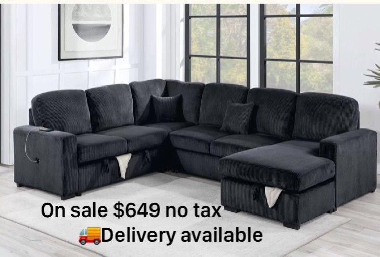 XL Sectional Sofa With Pull-out Bed & Storage Black , Grey Or Dark Gray Corduroy Brand New