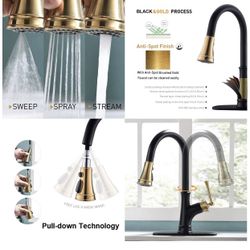 Magnet lock & 3 Modes(Stream/Spray/Sweep) Matt Black& Gold” Kitchen Faucet-SoapDispenser(Optional)