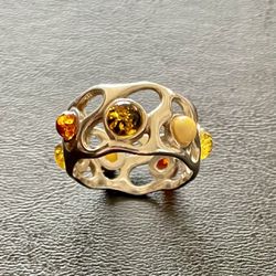 Amber And Sterling Silver Ring. Size 8