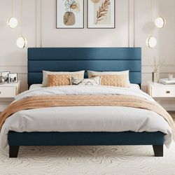 Clearance  King Bed Frame, Platform Bed Frame with Fabric Upholstered Headboard, Navy Blue