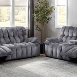 Brand New Grey Super Plush Reclining Sofa & Loveseat 