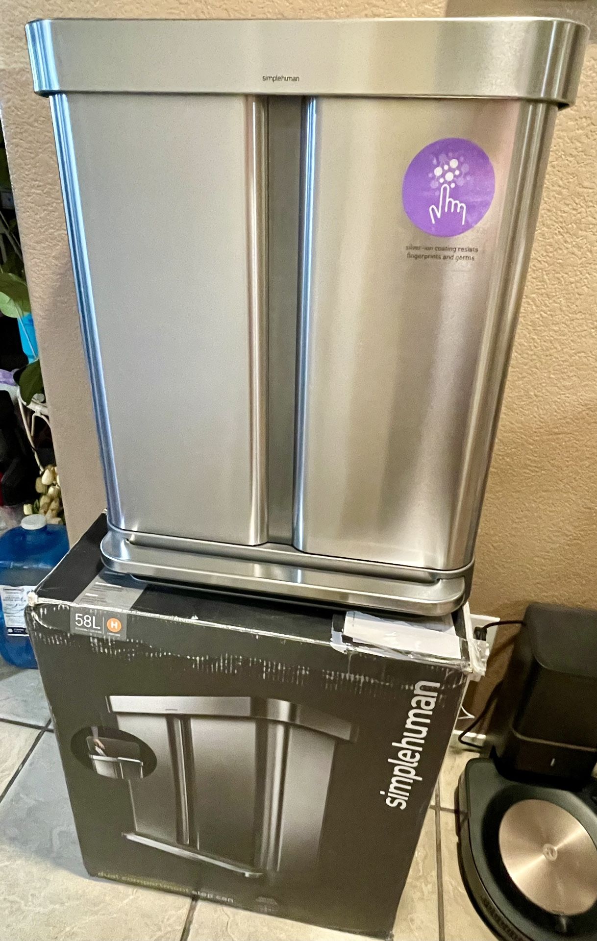simplehuman 58 Liter/15.3 Gallon Step Can Liner Pocket, Brushed Stainless Steel Dual Compartment Recycler