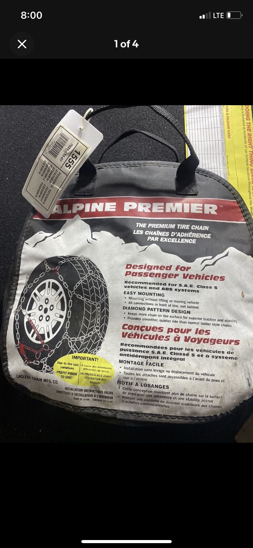 Alpine Premier Diamond Pattern Tire Snow Chains, Stock # 1555, Used