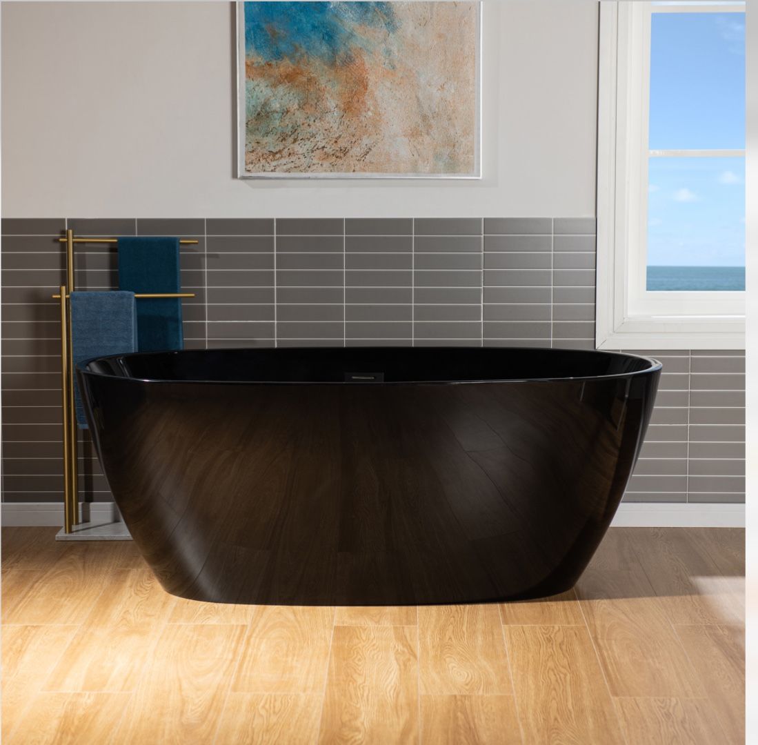 B8818-MB 59" L x 31-1/2" W Freestanding Contemporary Acrylic Soaking Bathtub in Glossy Black Inside and Outside with Matte Black Drain & Overflow, Bl