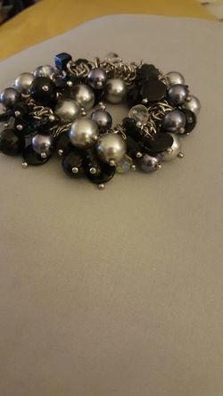 Beautiful Silver Bracelet with Black, Gray and Clear Beads. (Stretchy)
