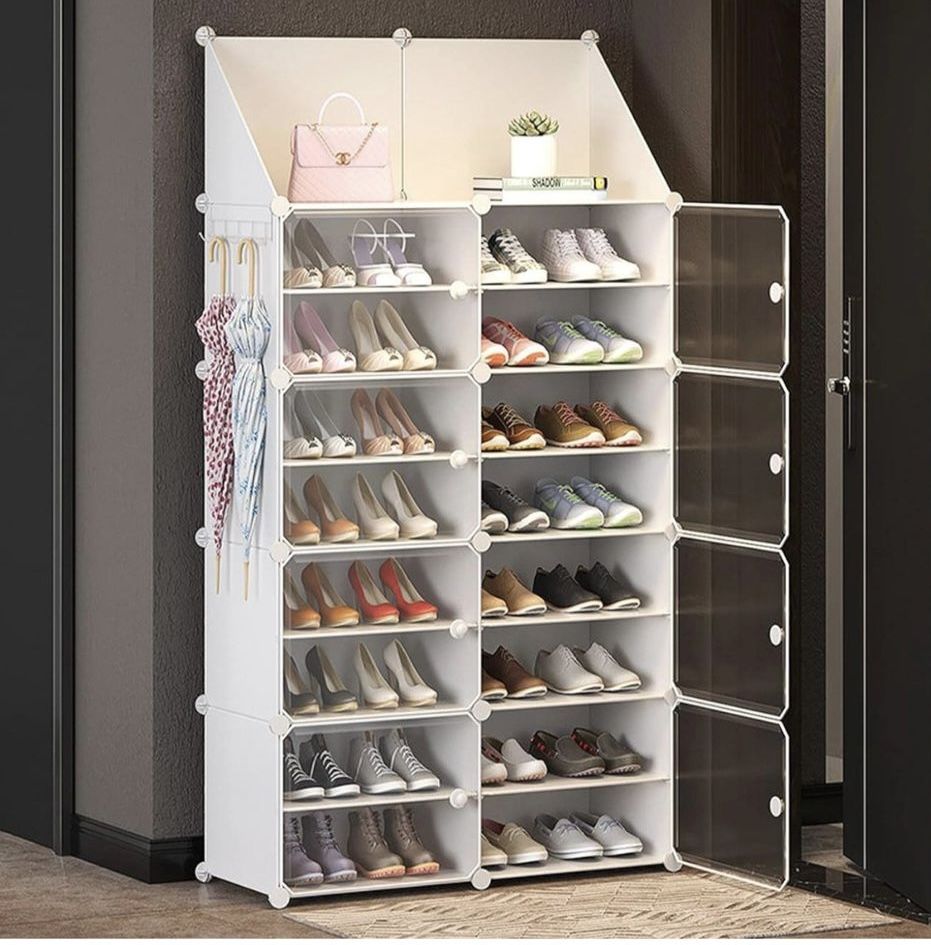 Jomifin Shoe Rack Storage Cabinet with Doors, Key Holder, Portable Shoes Organizer, Expandable Standing Rack, Storage 32-64 Pairs Shoes, Boots, Slippe